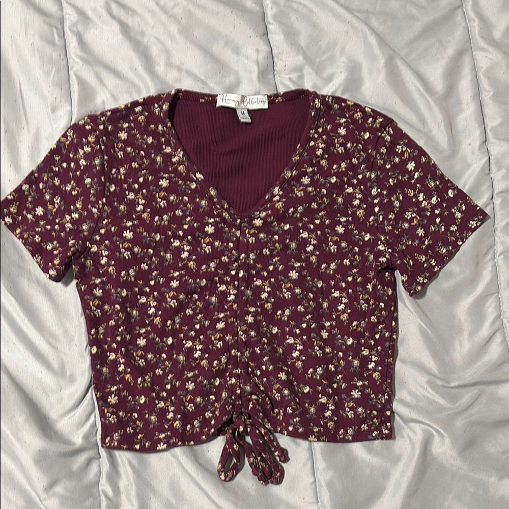 Home Collection Burgundy Floral Tie-Front Blouse